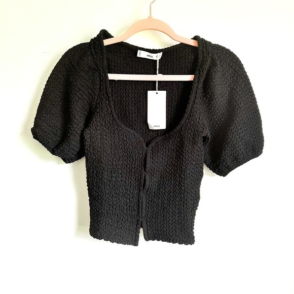 NWT MNG Mango Black Textured Puff Sleeve Top sz Xs - Picture 10 of 13